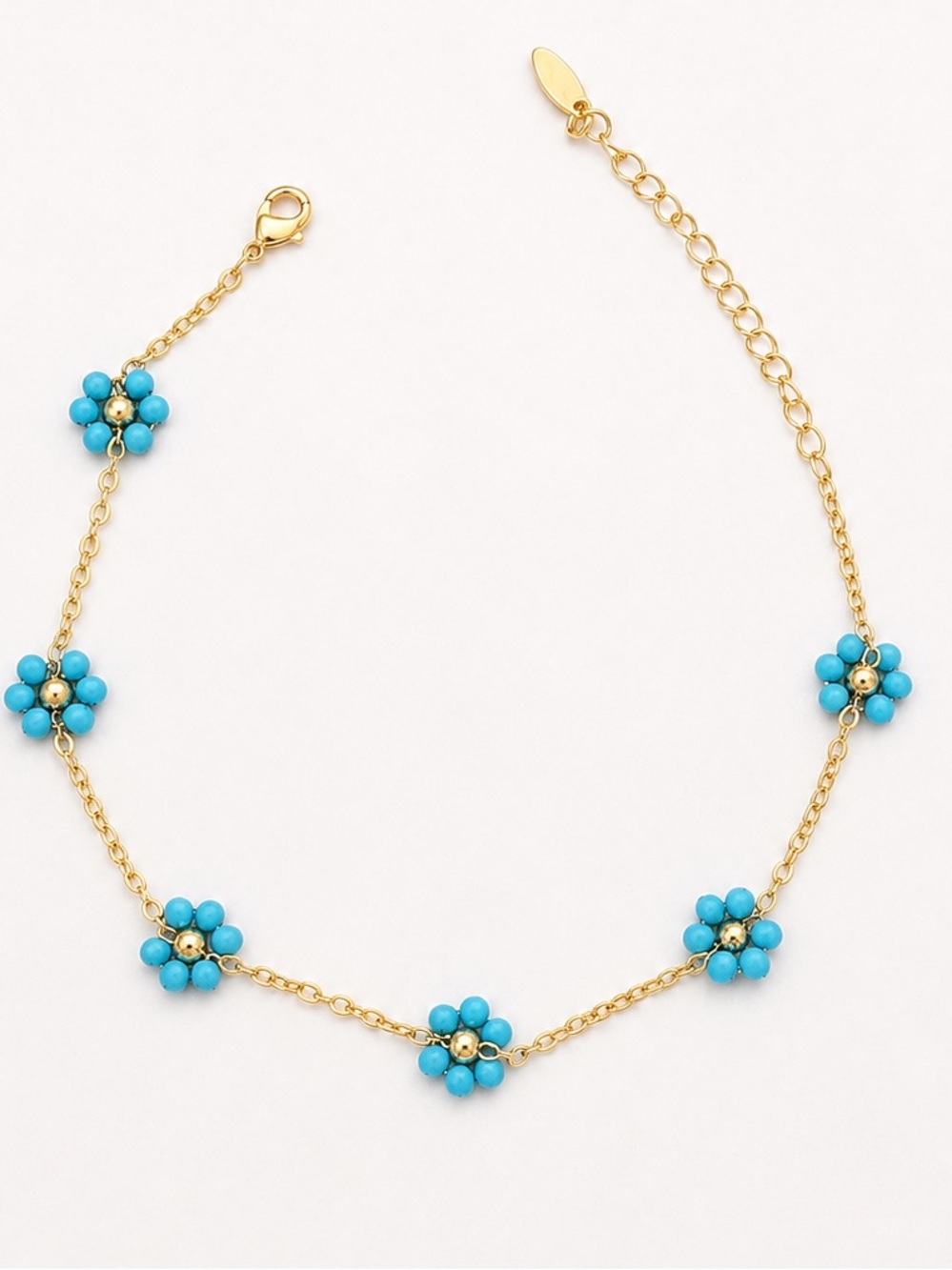 3/$40! Blue Crystal Flower 14k Gold Plated Anklet Water Resistant Summer Jewelry